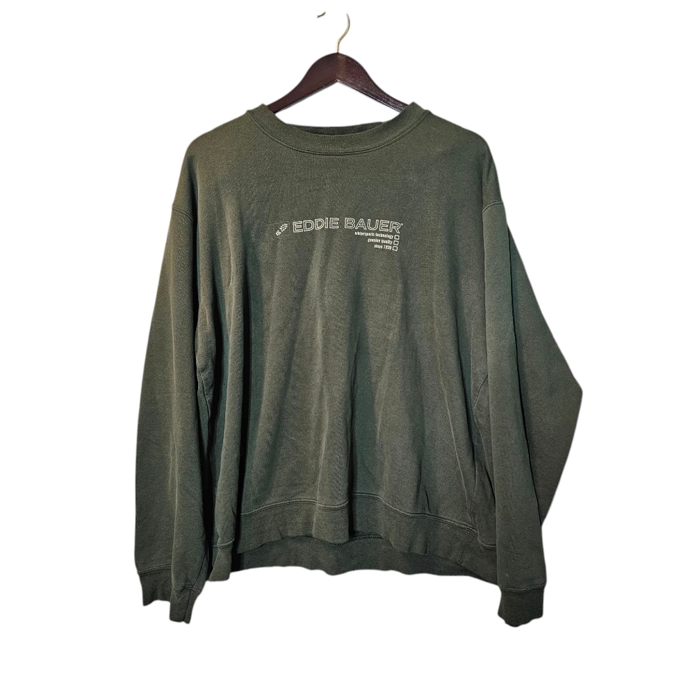 Vintage Eddie Bauer Crewneck Sweatshirt - Olive Green - Printed Text Logo - Picture 2 of 5